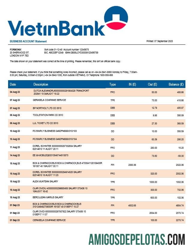 Imprimível Vietin Bank Firm modelo de extrato de conta Word e PDF